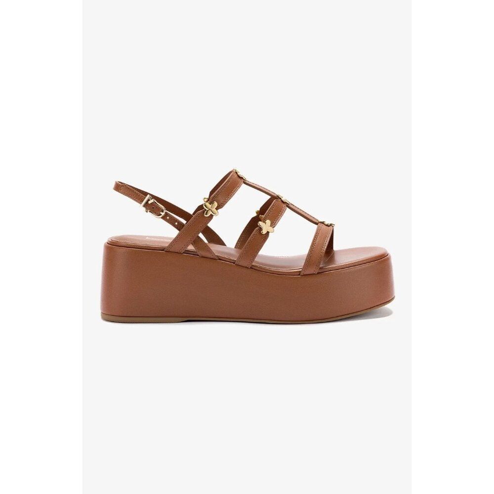 Larroude Brown Leather Platform Sandals with Gold Accents